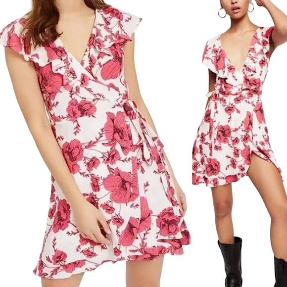 Free People French Quarter Mini Wrap Dress Pink Floral, Size‎ XS - Picture 1 of 13